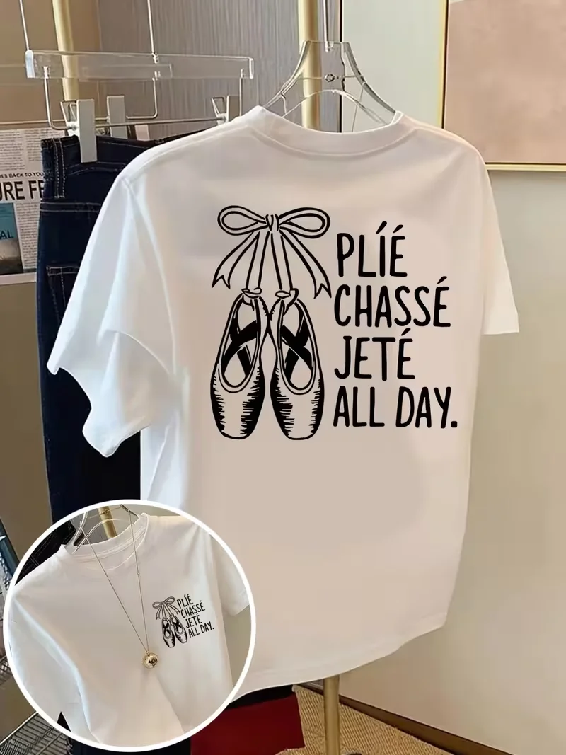 Ballet Shoes, Ballet Terms Print Women's Tshirt Crew Neck Casual Top for Summer Spring, Women's Clothing Ballet lover
