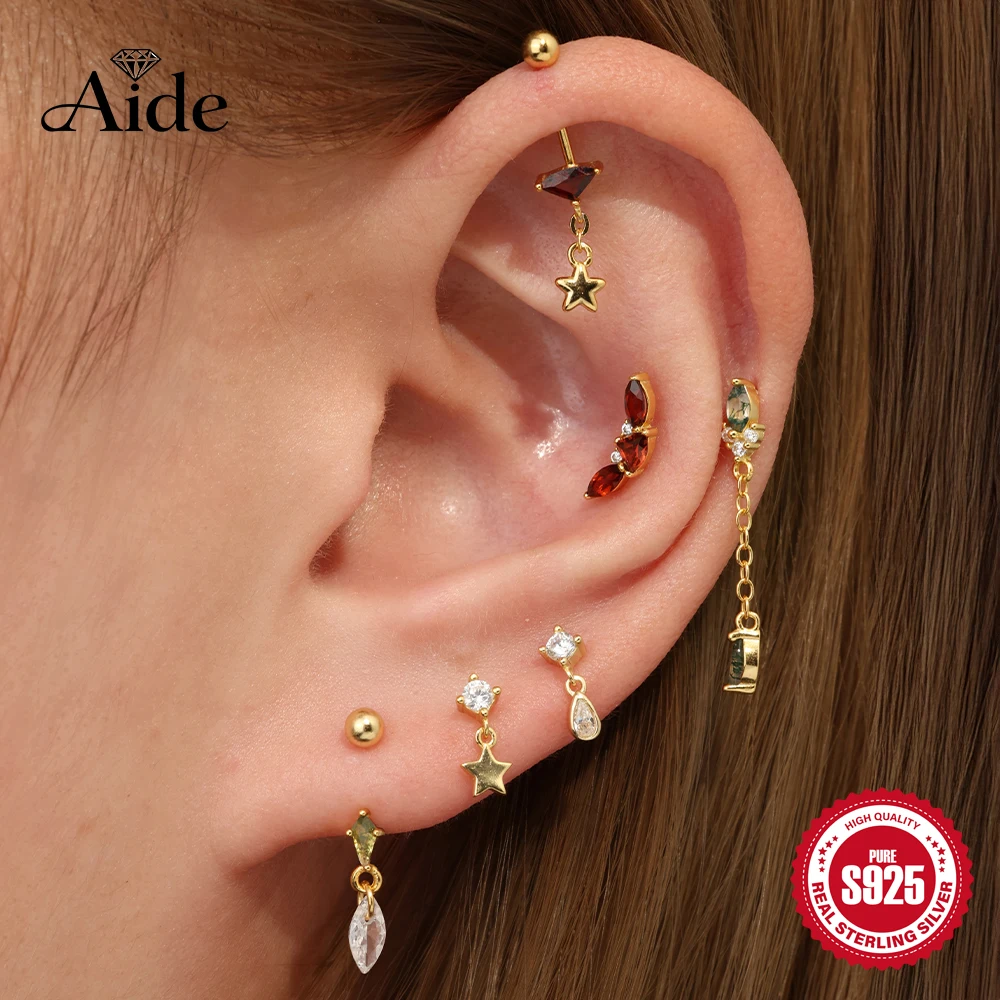 AIDE 925 Sterling Silver Natural Garnet Stud Earring Red Gemstone Piercing Earrings for Women Christmas Exquisite Studs Ear Bone