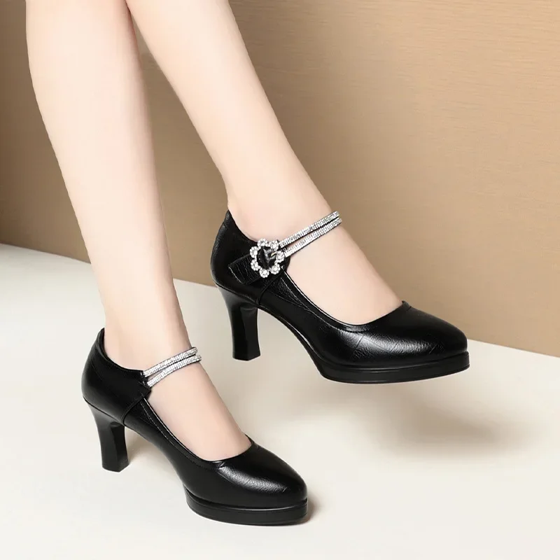 7.5cm 9.5cm Comfortable Shallow Rhinestone Ankle Band Mary Janes 2024 Spring Block High Heels Shoes Platform for Office Mom