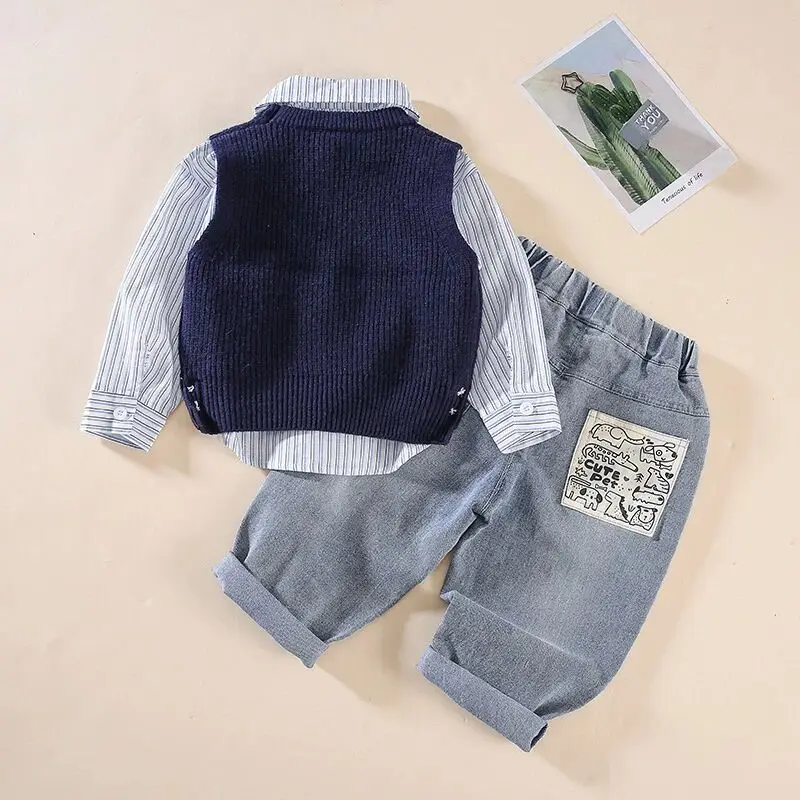 

Baby Boys' Spring and Autumn Set Fashion New Style Children's Knitted Sweater Versatile Shirt Pants 3-Piece Set