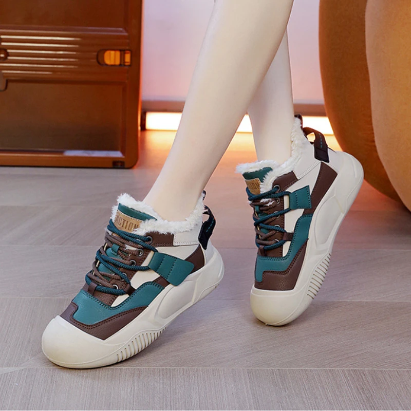 Winter Sneakers with Fur Women Fashion Colour Blocking Trainers Feminine Comfort Warm Plush Casual Sports Skateboard Shoes Lady