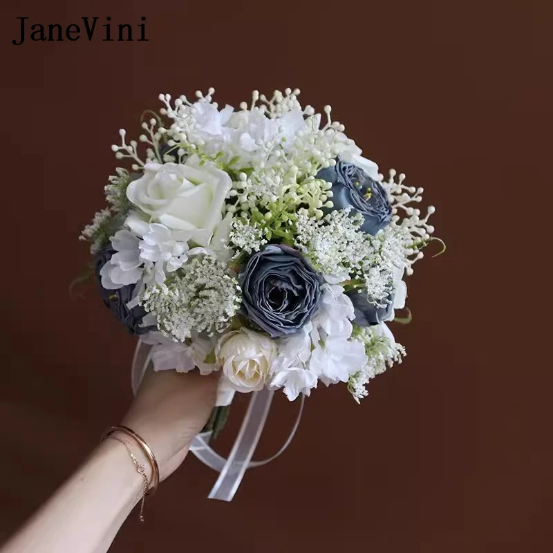 JaneVini White And Dusty Blue Wedding Bouquet Flowers for Bride Artificial Silk Rose Bridal Hand Flower Marriage Accessories