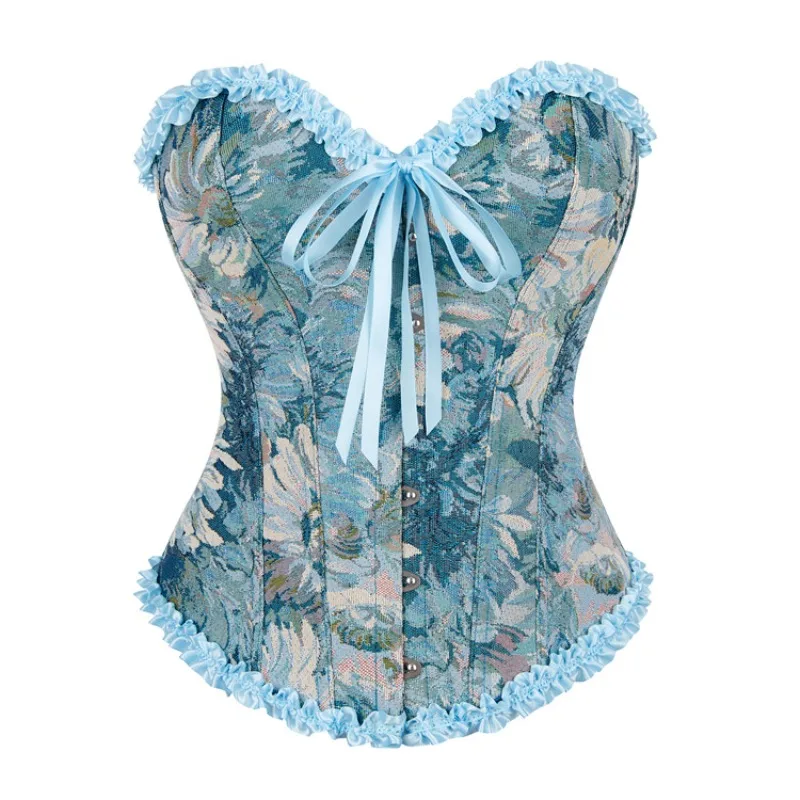 

Blue Corset Top Sexy Women's Plus Size Corsets and Bustiers Overbust Floral Gothic Brocade Corselet Style Fashion