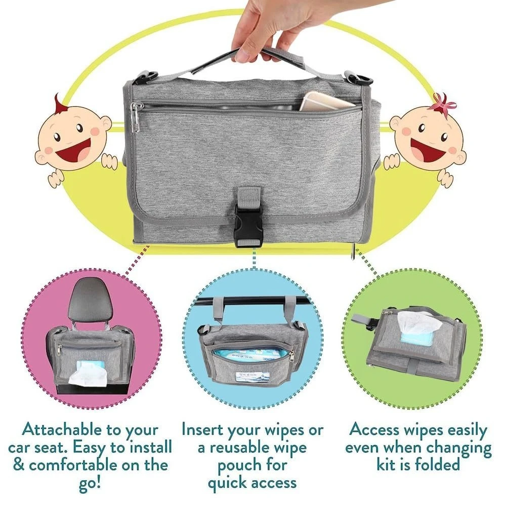 Portable Baby Diaper Changing Clutch, Foldable Waterproof Diaper Bag, Detachable Stroller & Car Seat Mount Baby Nappy Organizer