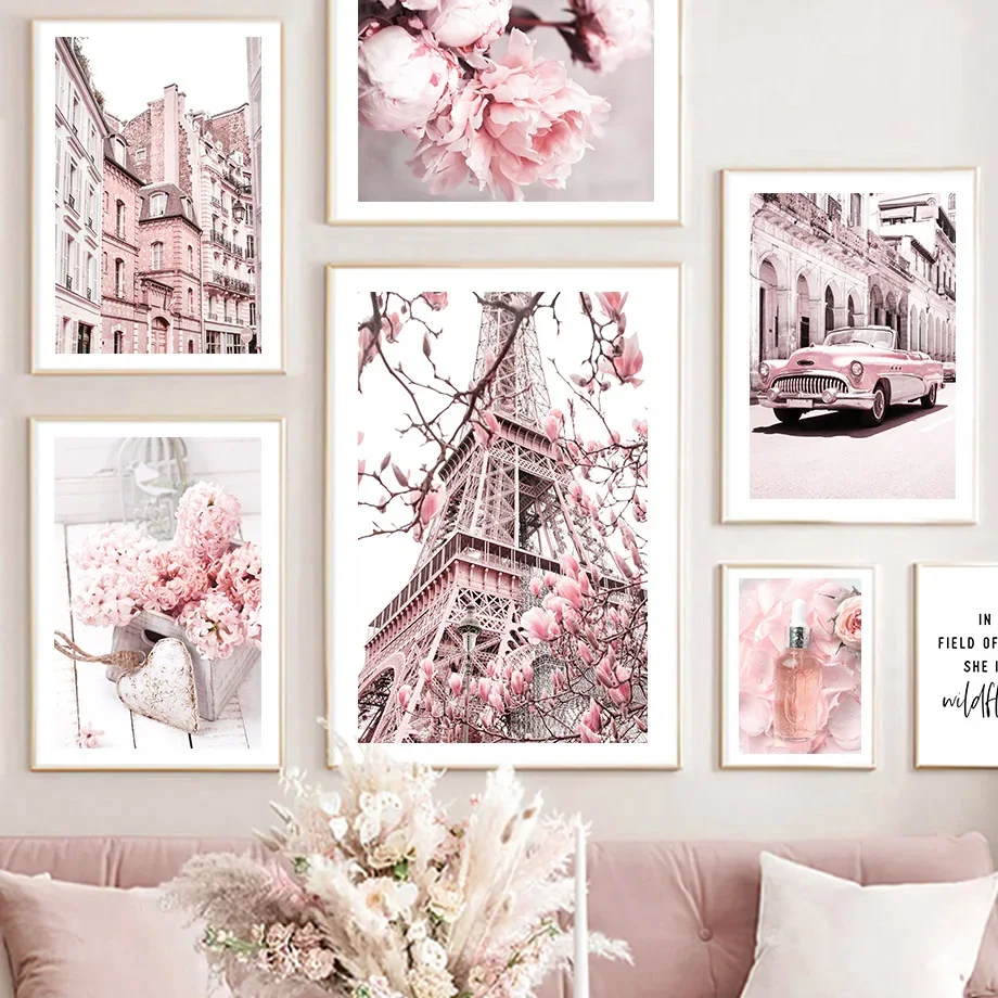 Pink Car Flower Girl Perfume Paris Tower Wall Art Canvas Painting Nordic Posters And Prints Wall Pictures For Living Room Decor