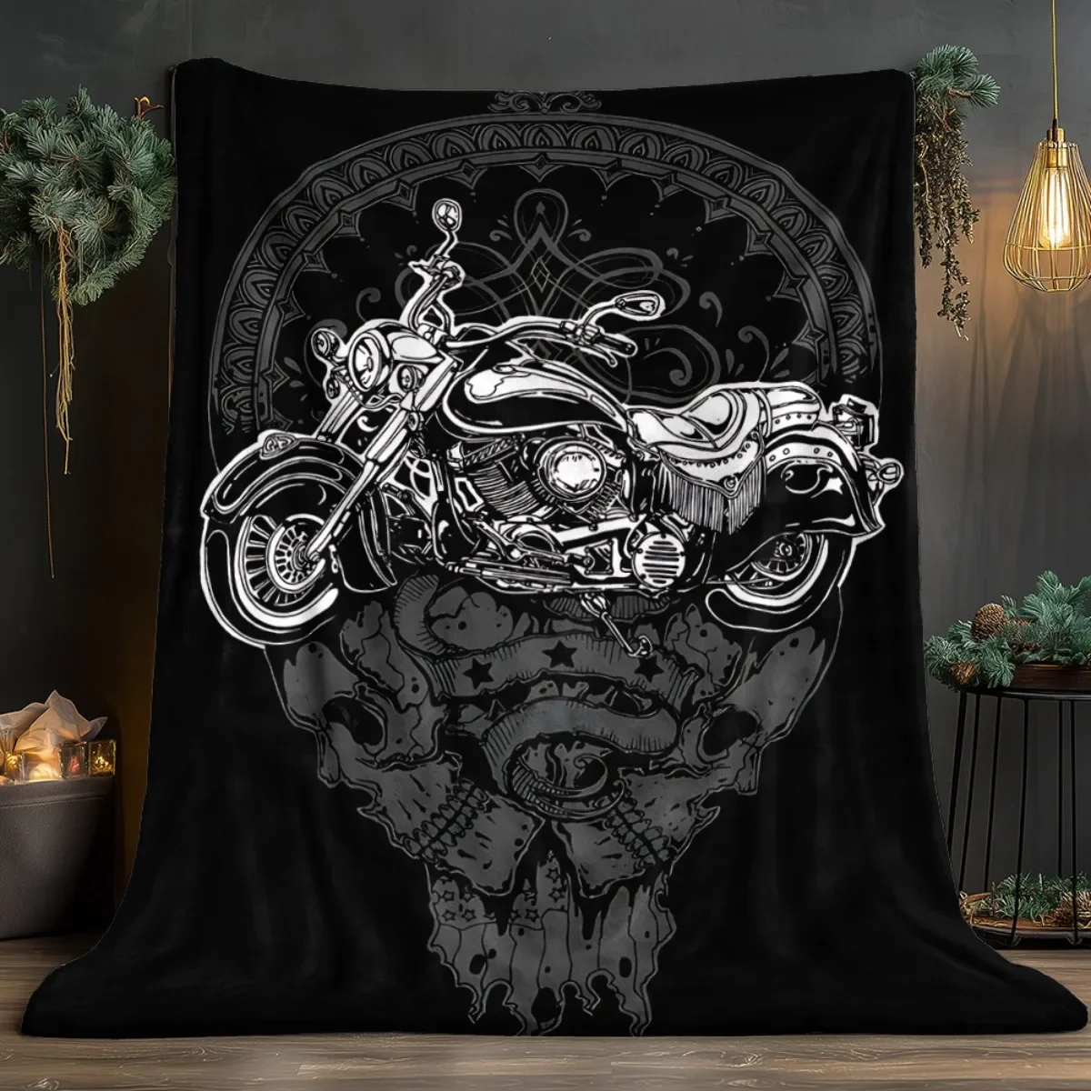 Motorcycle Skull Black White Flannel Blanket Biker Style Tattoo Art Design Soft Fleece Throw for Men Garage Decor