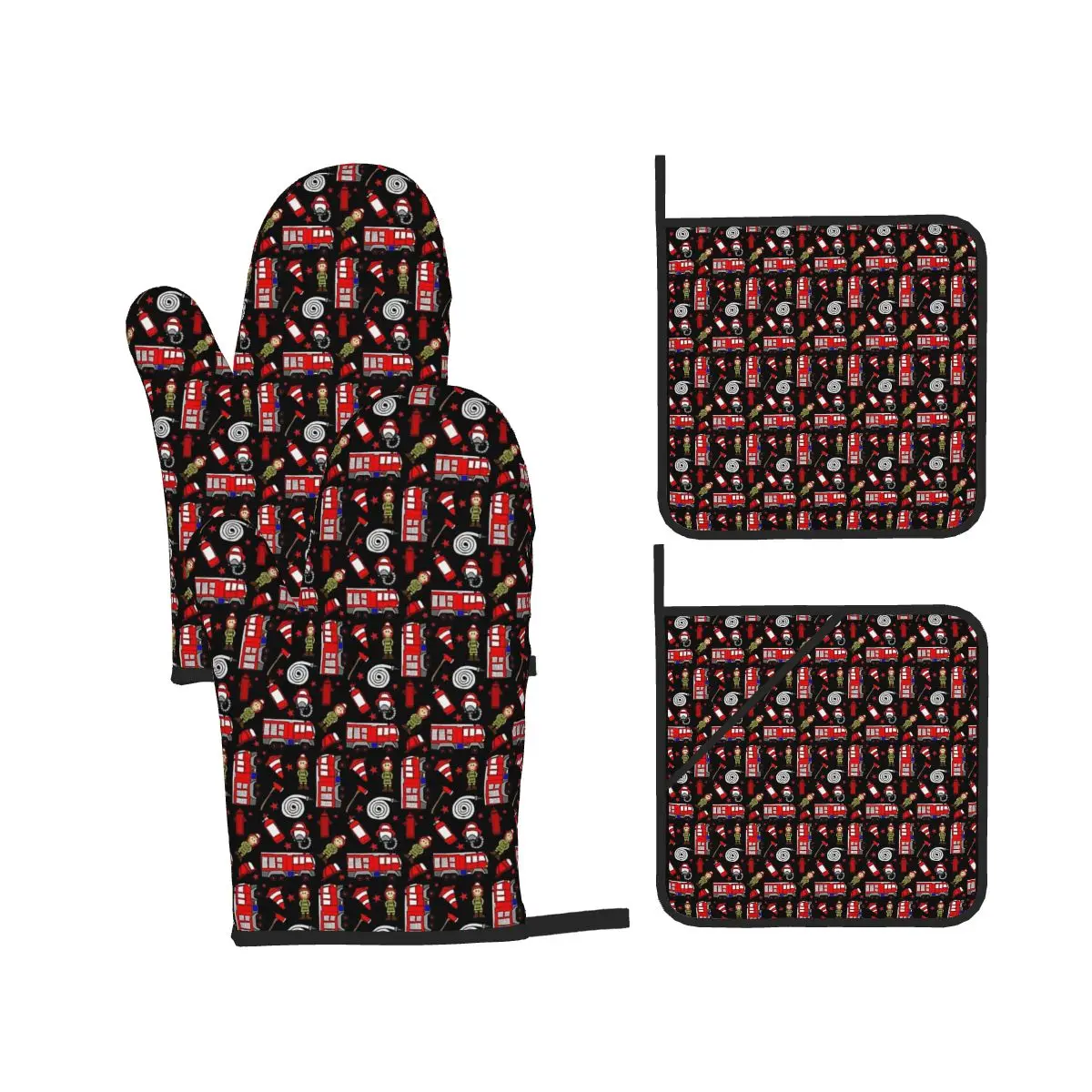 Fireman Firefighter Pattern Oven Mitts and Pot Holder Sets of 4 for Baking Kitchen Cooking Grilling Resistant Non-Slip Gloves