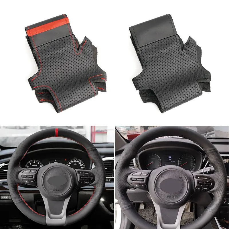 DIY Hand-stitched Leather Car Steering Wheel Cover For Kia K5 Optima 2014 2015 Black Perforated Leather Trim with Lines Strip