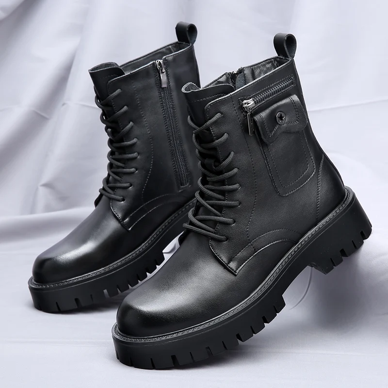 2024 Fashion New Leather Motorized Boots for Men Winter Boots Men  British Style Short Ankle Casual Men Hiking Thick Soled Boots