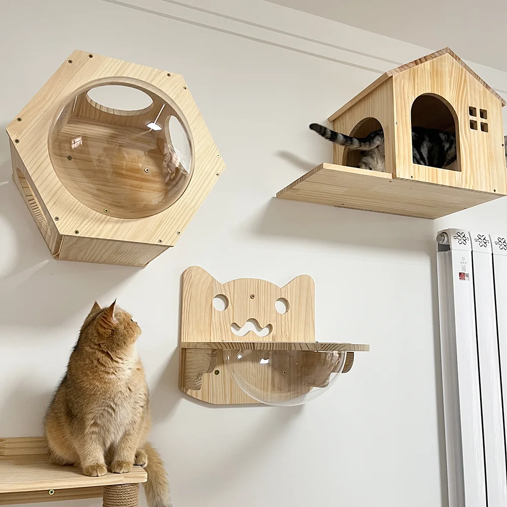 Wall Mounted Wooden Cat House Furniture Scratcher Shelves Climbing Ladder Perch Cat Bridge and Jumping Platform for Kitten Play