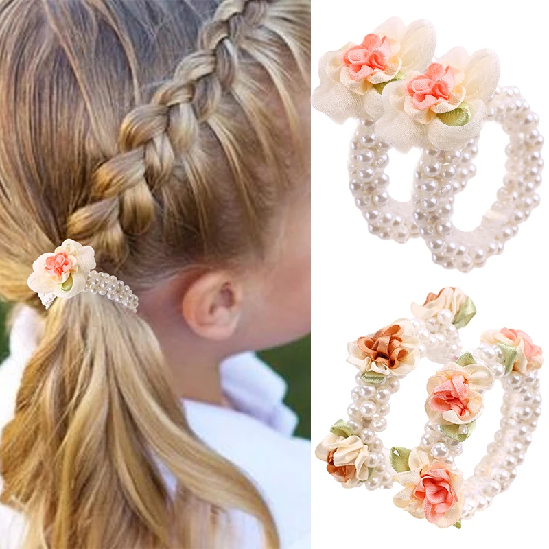 Oaoleer 2Pcs/set Sweet Girls Flower Pearls Hair Tie Rope Cute Elastic Hair Bands Hair Scrunchies Girl Ponytail Korea Accessories