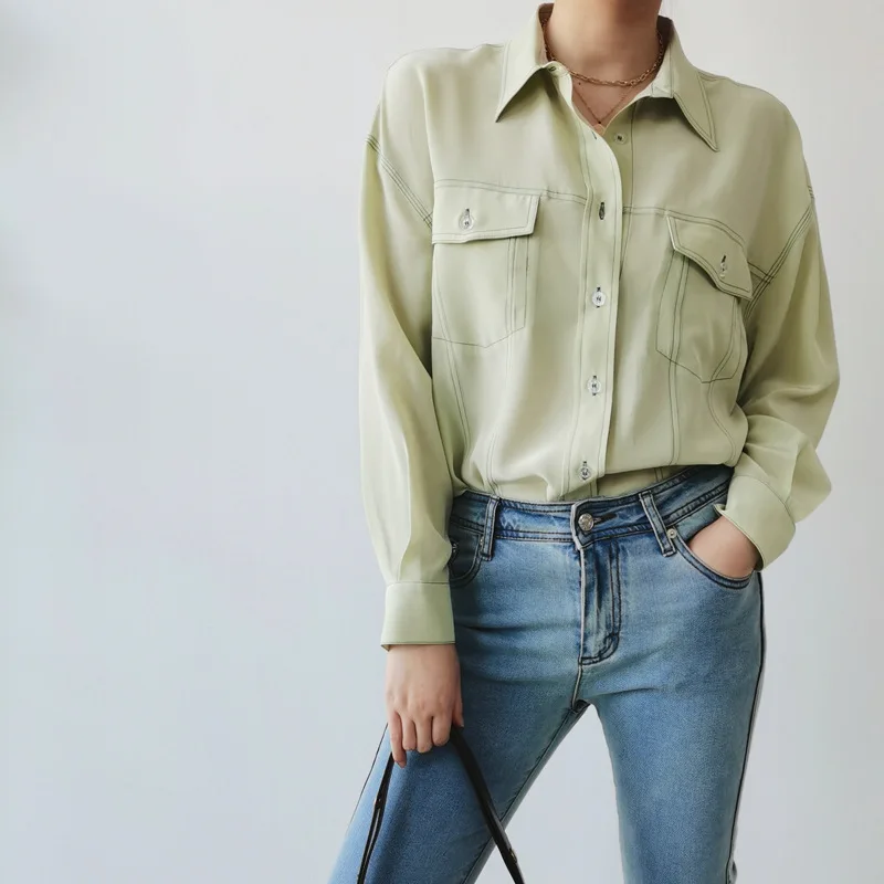 

New Casual Loose Long-sleeved Sand-washed Silk Shirt Solid Color Double Pocket Bright Line Mulberry Women Tops