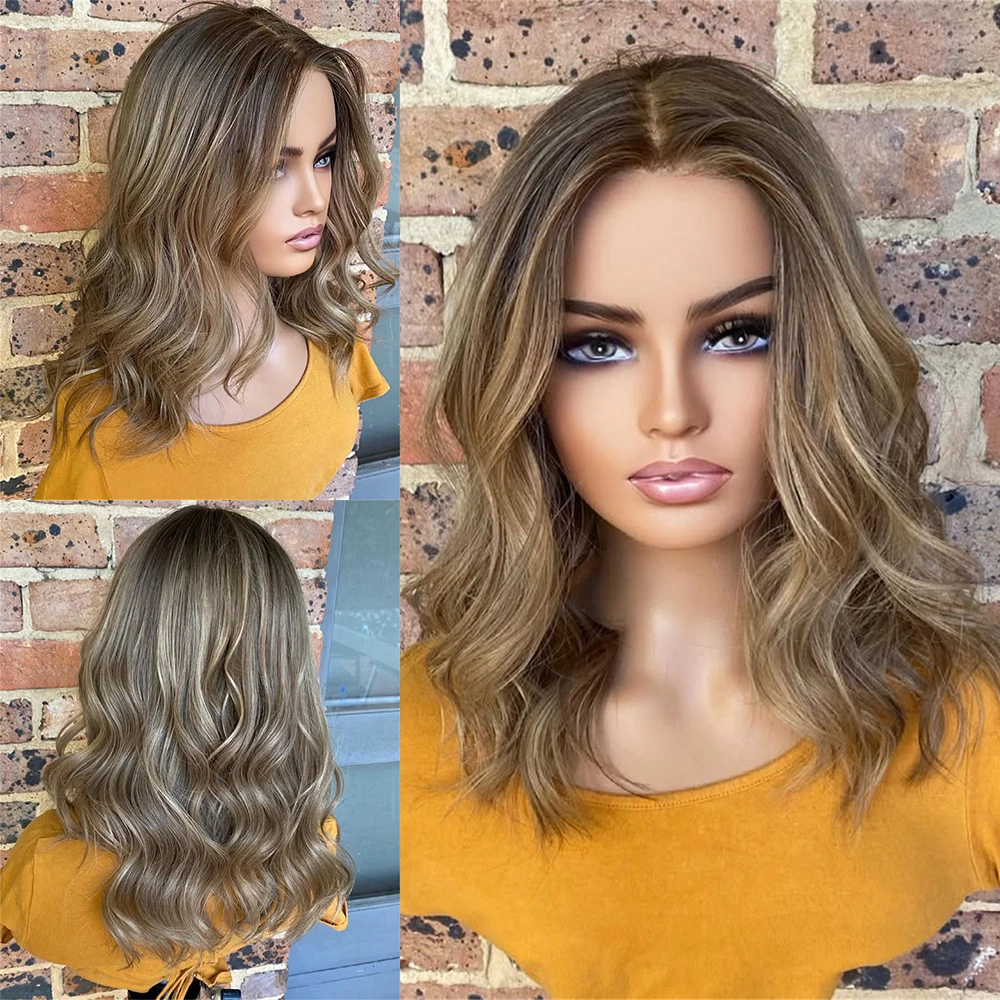 

Ash Brown Highlights Bob Wig Synthetic Glueless Lace Frontal Wig Pre Plucked 13x4 Short Wavy Wig For Women Cosplay Party Wear