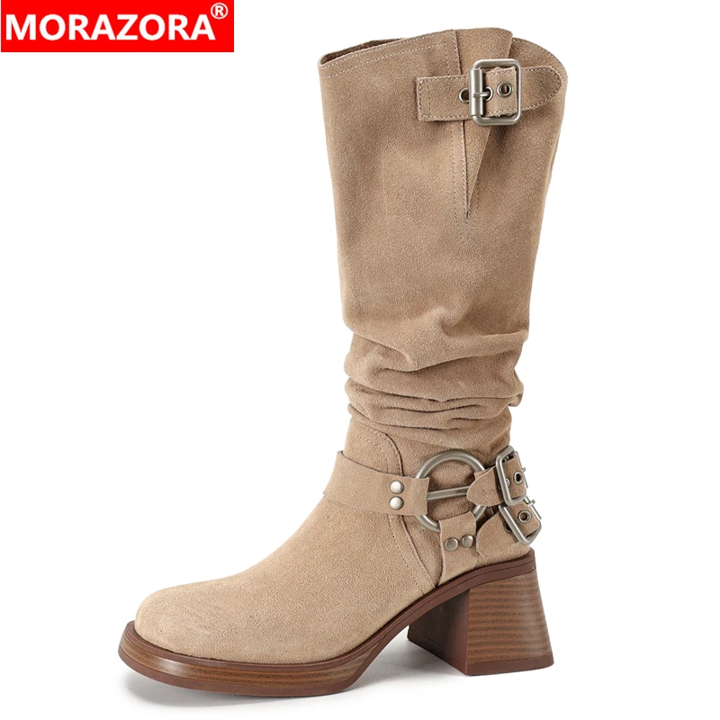 

MORAZORA 2024 New Cow Suede Leather Women Boots Square High Heels Knee High Boots Quality Autumn Winter Ladies Shoes