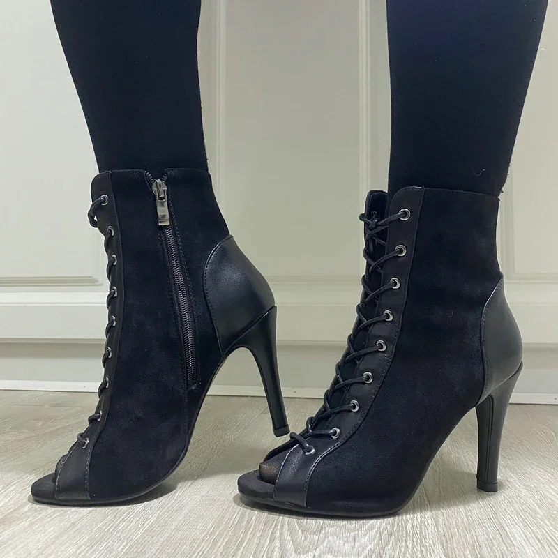 Women's High-Quality Fashion Sandals Sexy Black High Heels Open-Toe Zipper Comfortable Indoor Jazz Dance Shoes for Ladies Plus