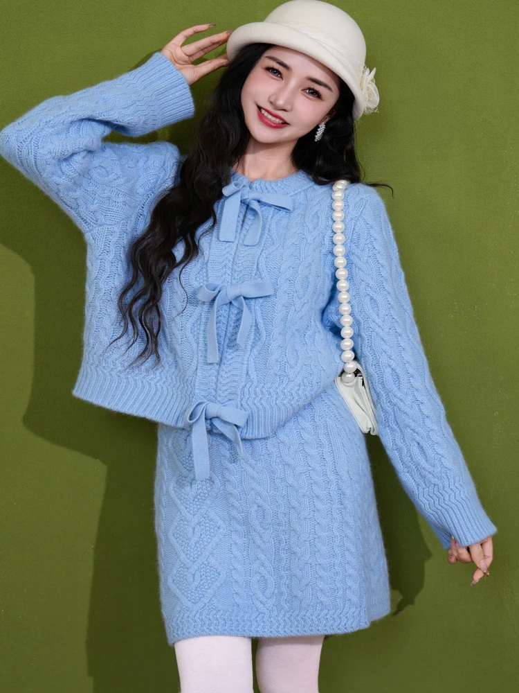 

Thiened вязаный свитер из смеси шерсти Camere, комплект с юбкой с высокой талией и узлом, дизайн премиум-класса, осень-зима, мода