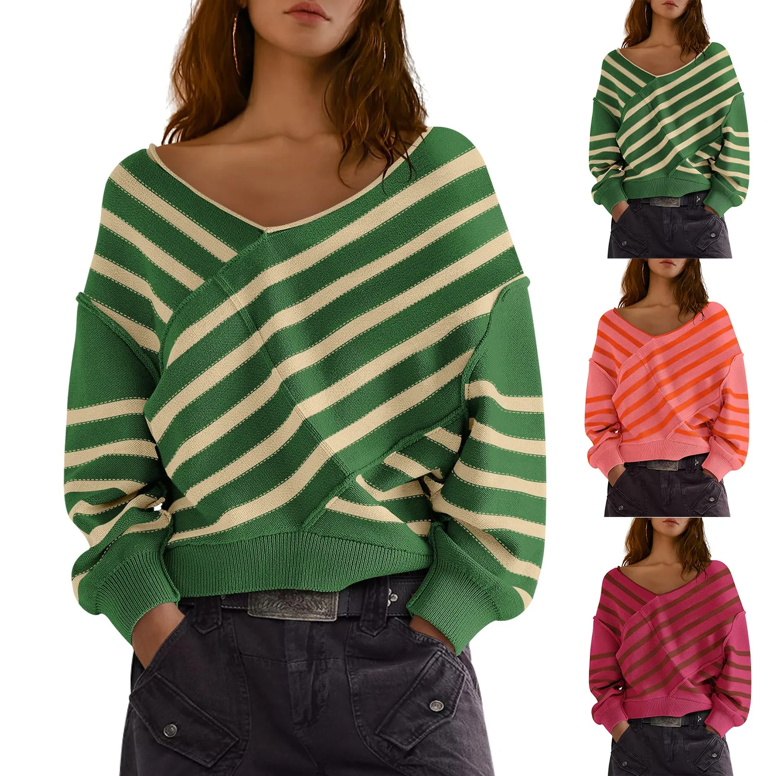 Tops For Women Autumn New Casual Long Sleeve V-Neck Pullover Tops Daily Loose Comfortable Splicing Stripes Sweatshirts Tops