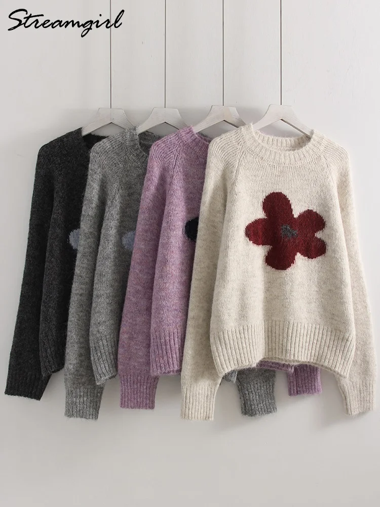 سترة Streamgirl الشتوية الرمادية مع زهرة المرأة بلوفرات متماسكة فضفاضة الأرجواني تريكو خمر سترة زهرة دافئة للنساء