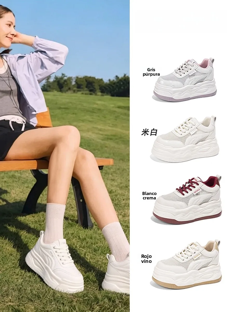 Senma Zapatillas de deporte de suela gruesa de cuero genuino para mujer, zapatos informales de malla con tacón alto de 7cm pa...