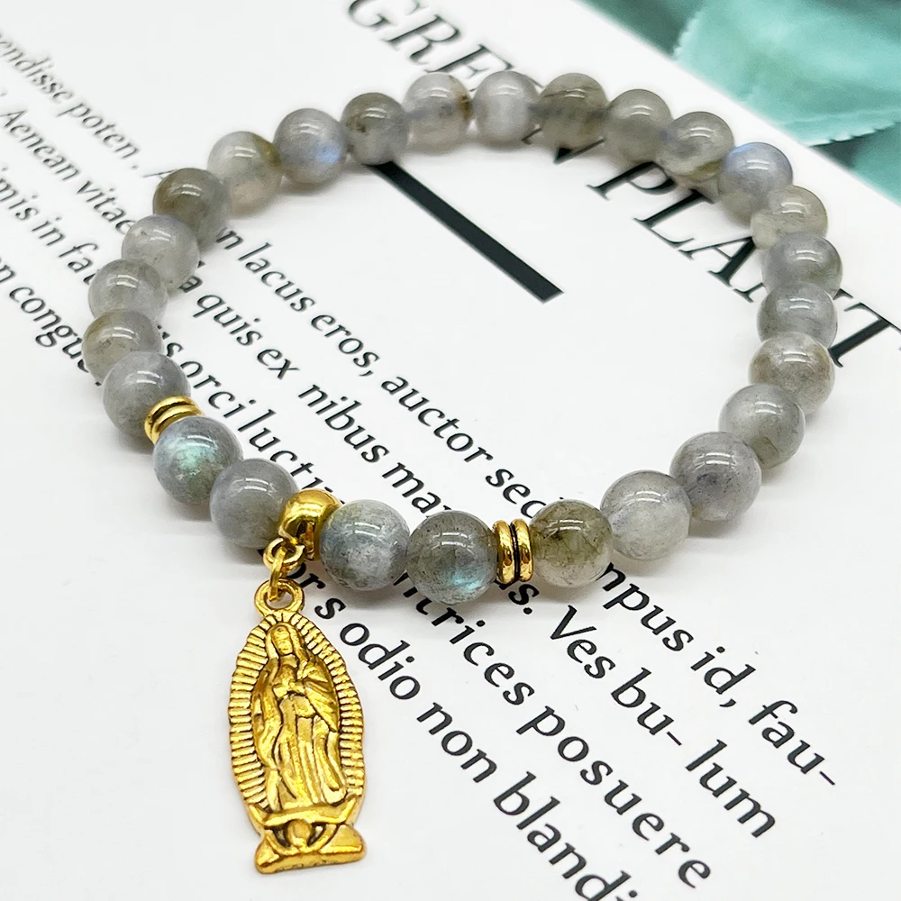 8MM Natural Stone Golden Virgin Mary Pendant Bracelet For Women Or Girlsb Really Labradolite Sunstone Amthyst Quartz