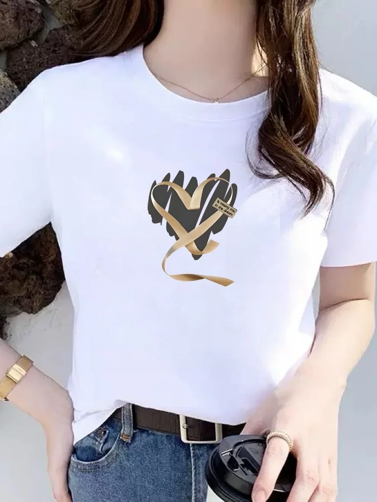 

Loose Fit Short Sleeve T-Shirt Women's White Heart Print Cover Belly Slimming Top Breathable Polyester Fiber round Neck T-Shirt