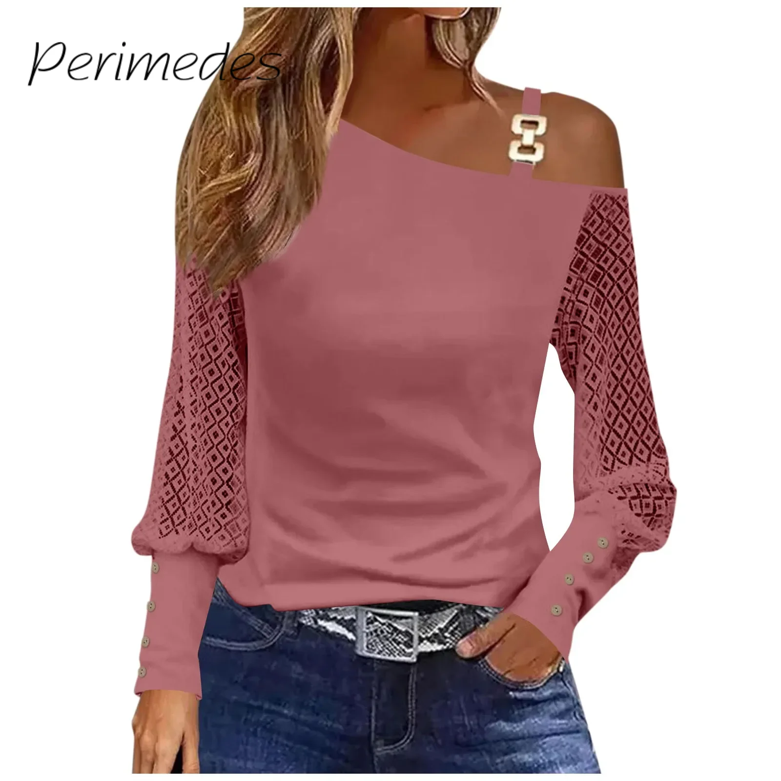 Women'S Top Casual Plaid Printed On Sleeve Skew Collar Lace Asymmetry Off-Shoulder Long Sleeve Tee Shirt Top 2024 Fashion