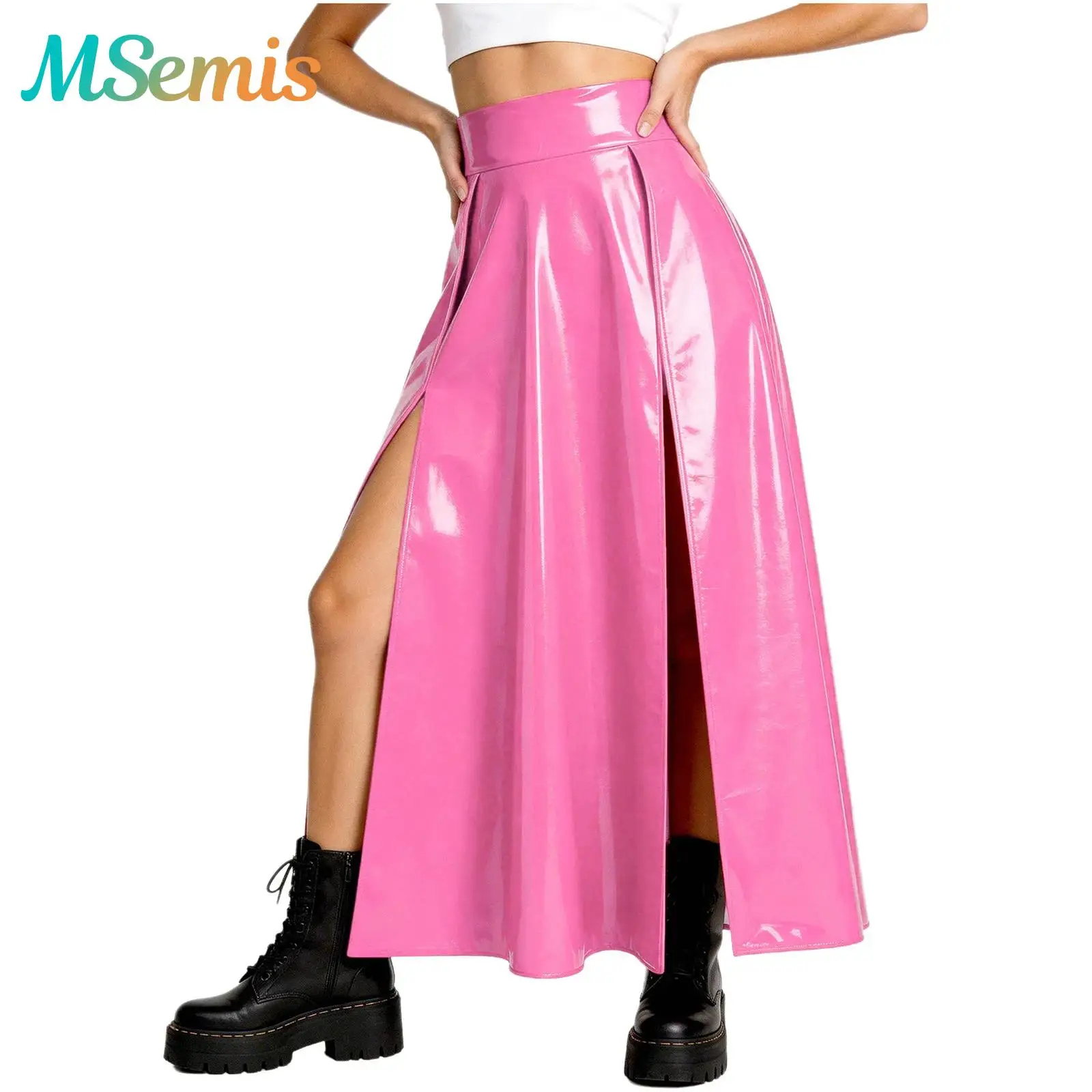 Women Patent Leather Latex Long Skirt High Waist Double High Slit A‑Line Skirt Nightclub Stage Show Maxi Skirt Club Rave Costume