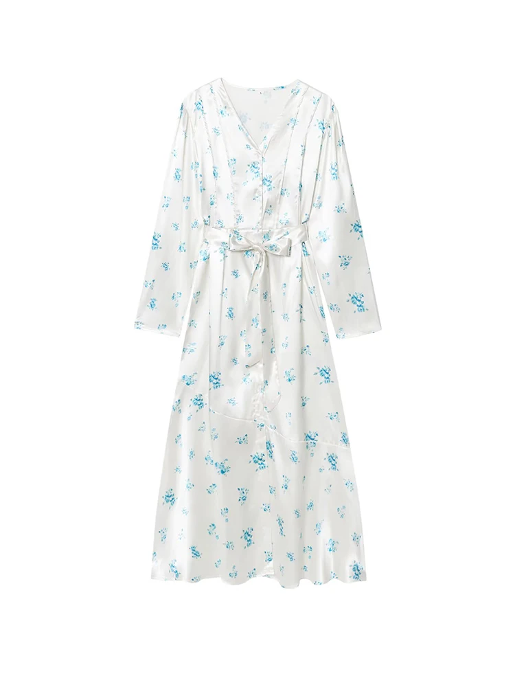 여성 긴팔 V넥 싱글 버튼 맥시 새틴 드레스 가을 플로럴 프린트 롱 드레스 (벨트 포함)