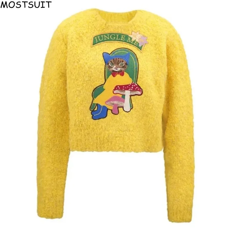 

Yellow Cartoon Embroidery Sweater Women Knitwear Tops 2024 Autumn Long Sleeve O-neck Elegant Stylish Chic Fashion Jumper Knitwea