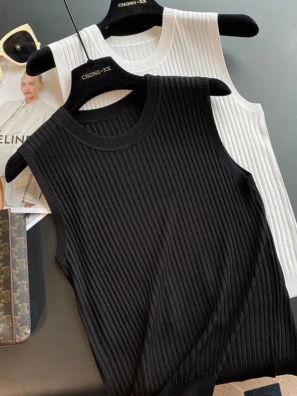 Ice Silk Knitted Sleeveless Vest Women's Strap Base Shirt Summer round Neck Breathable Comfortable Fit Pure Color Fashion Top