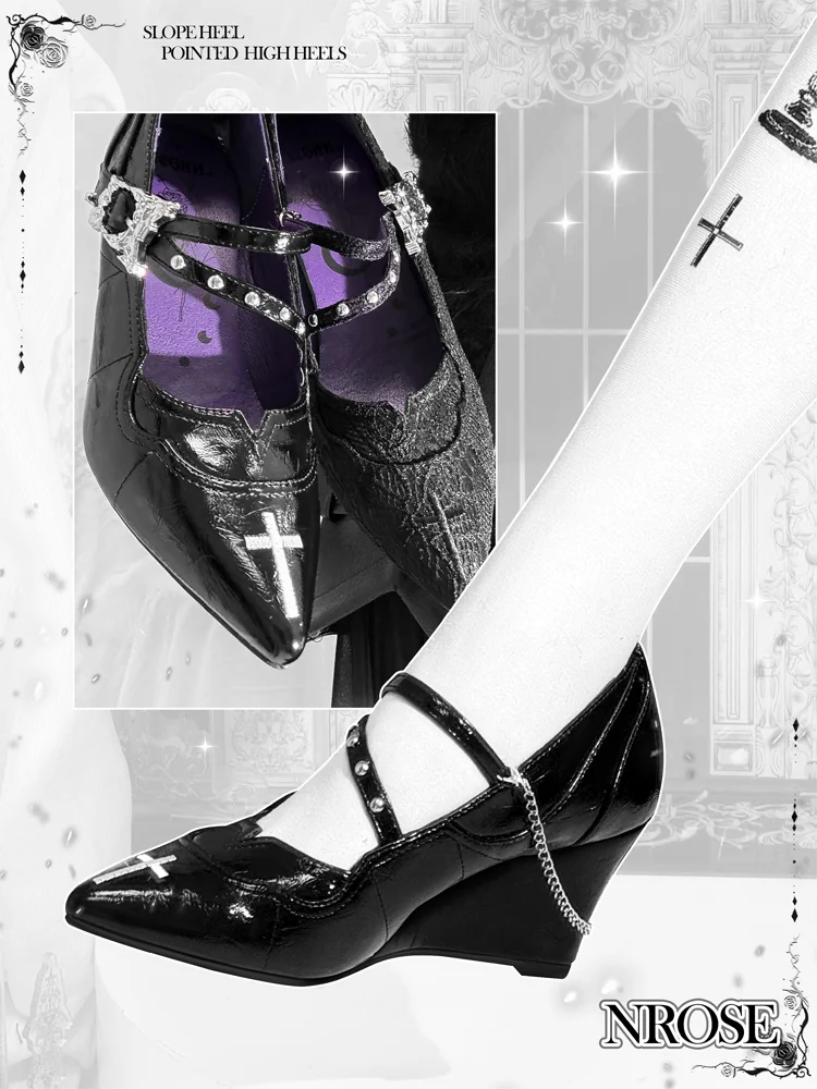 Szpiczaste, ciemne, gotyckie szpilki Nightspine Prayer z podbiciem, subkulturowe buty na wysokim obcasie typu Mary Jane, damskie buty w stylu japońskim, pojedyncze buty.