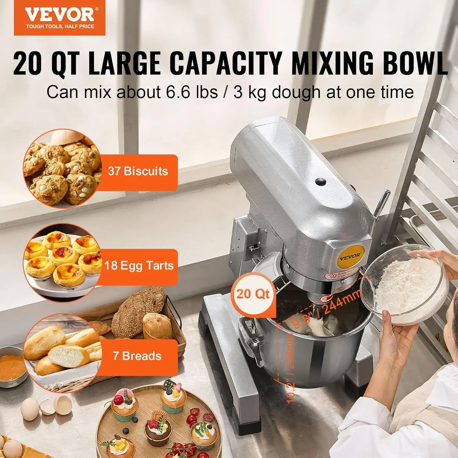 Commercial Food Mixer, 20Qt Commercial Mixer with Timing Function, 750W Stainless Steel Bowl Heavy Duty Electric Food Mixer