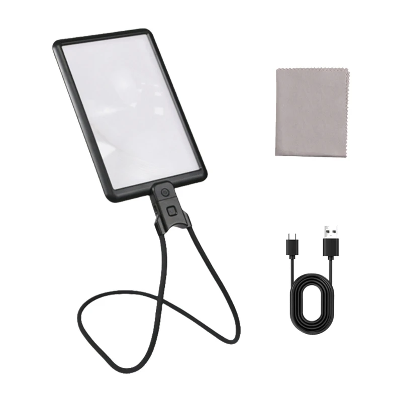 

J0MC Large Glass with Builts In Rechargeable Battery Portable LED Lighted Neck Wear 4X Magnifier for Reading Book