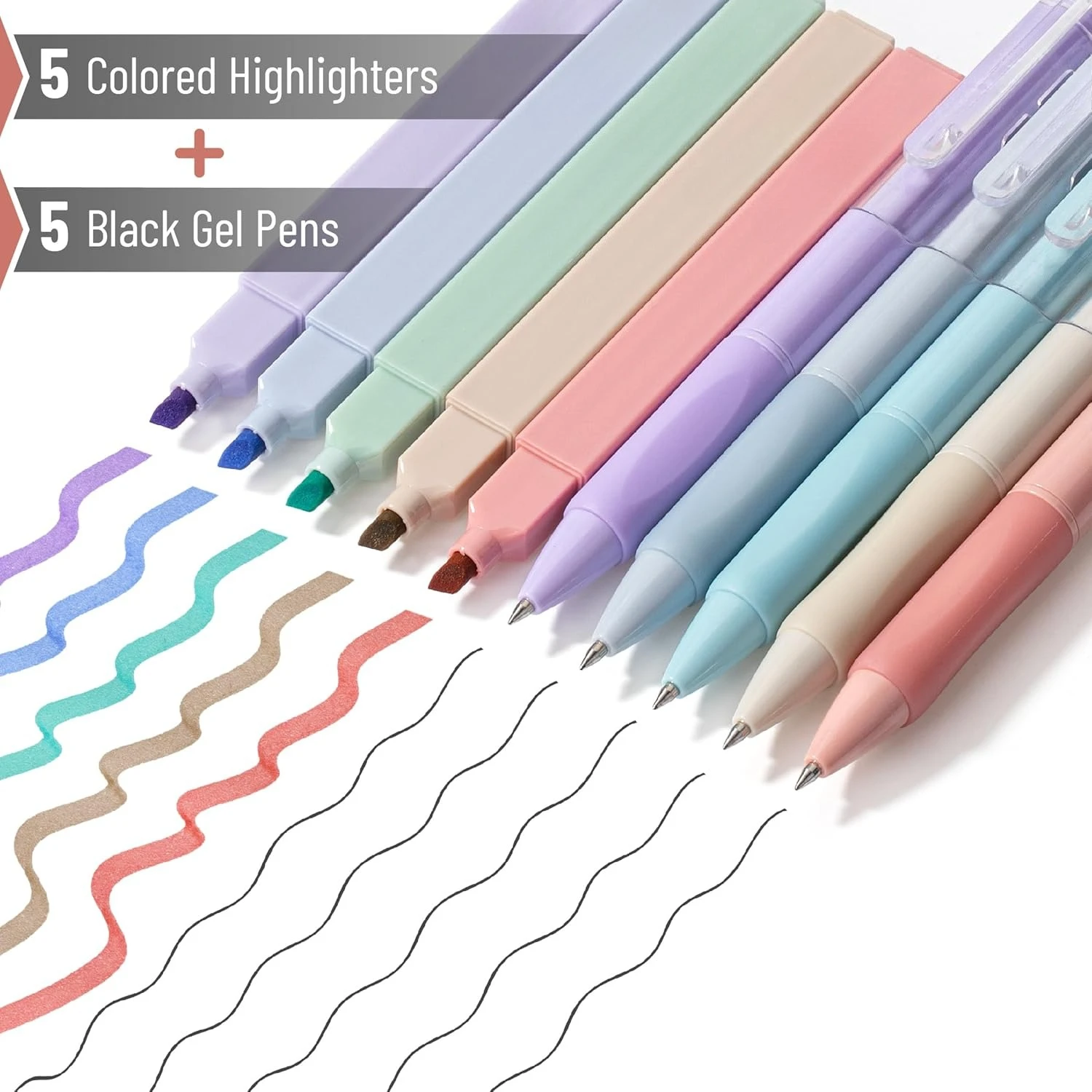 

Aesthetic Highlighters and Gel Pens, 10 Pack, Pastel Colors No Bleed Bible Highlighters, Black Ink Gel Pens