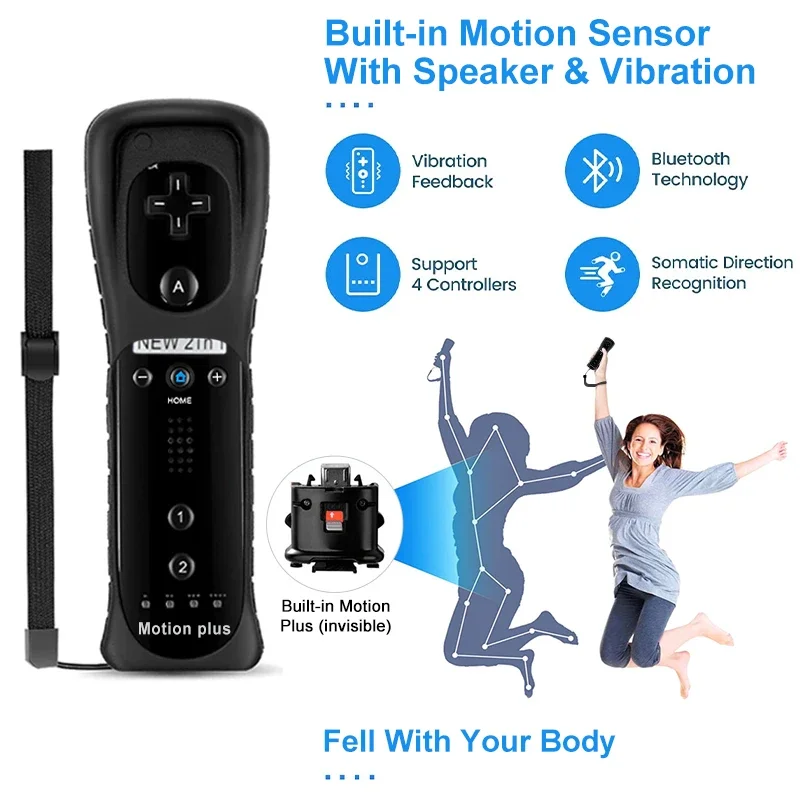 وحدة تحكم عن بعد 2 في 1 لاسلكية تعمل بالبلوتوث لجهاز Wii Wii U Controle اختياري Motion Plus Gamepad Nunchuck مع غطاء من السيليكون