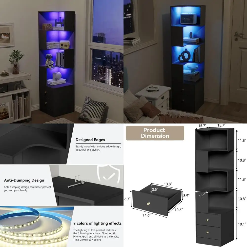 5-уровневая современная черная угловая полка с подсветкой, шкафом для хранения вещей, ящиками, высокой книжной полкой для организации места в гостиной