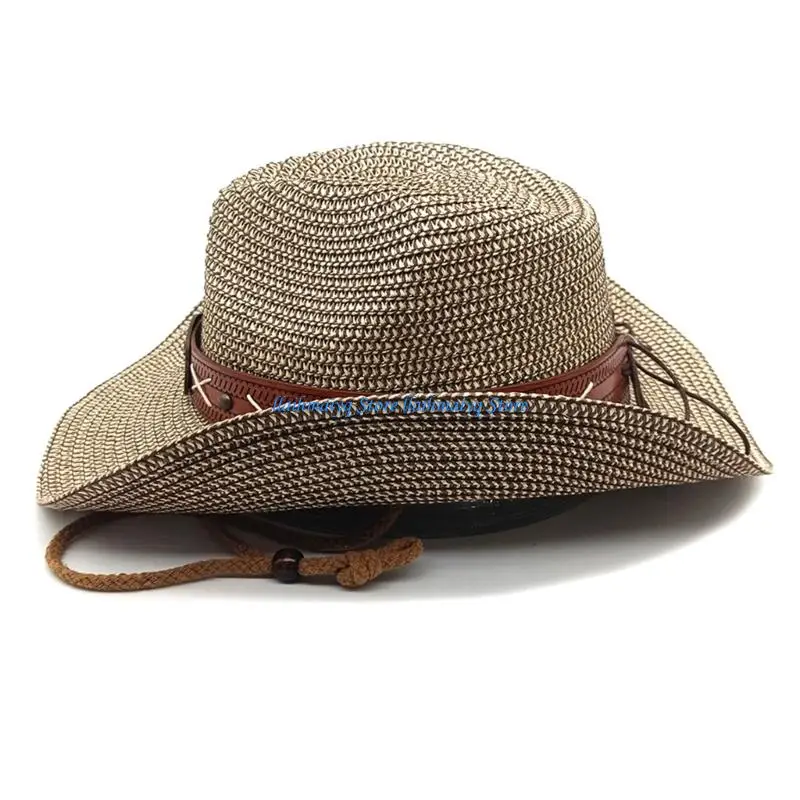 

573B Foldable Paper Straw Hat With Band Embellishment Adjustable Tie For Outdoor Activities Summer Vacation