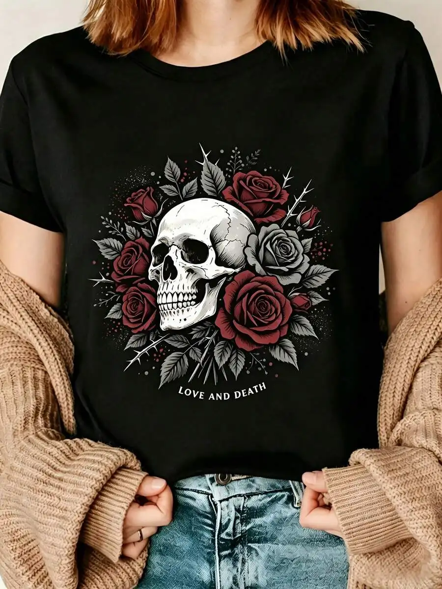 Skull And Roses Love And Death Gothic Graphic Print Women Short Sleeve T‑Shirt Crew Neck Casual Spring Summer Versatile Gift For Girlfriend Ladies Top
