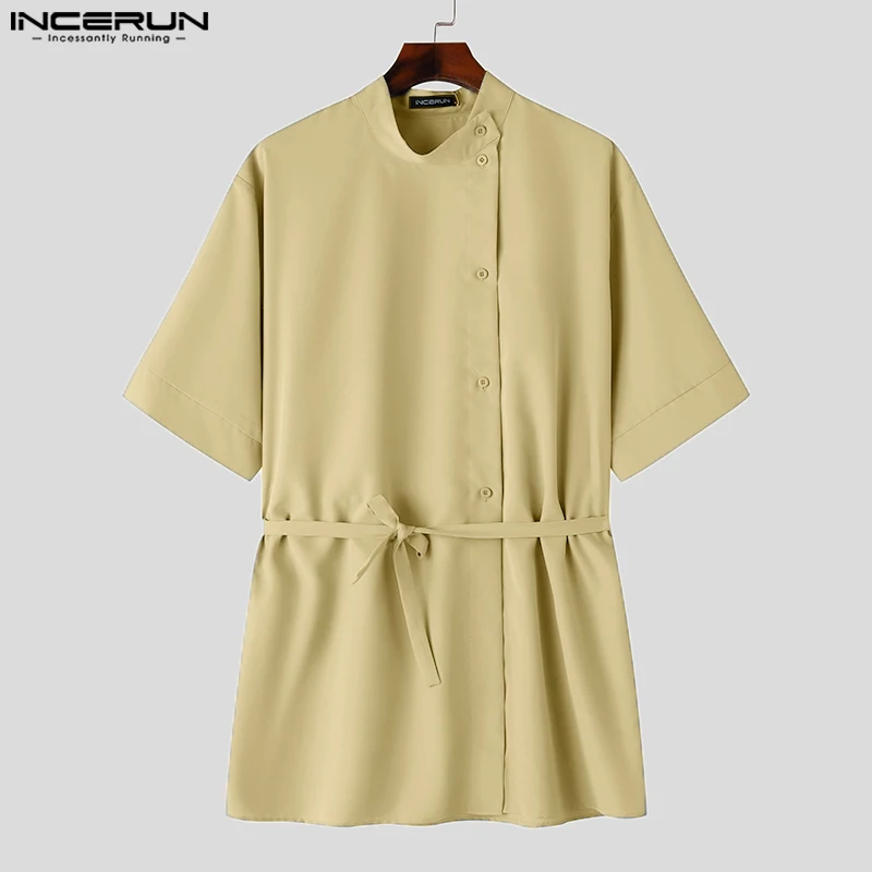 INCERUN Men Irregular Shirt Solid Color Stand Collar Half Sleeve Casual Men Clothing Streetwear 2024 Summer Korean Style Shirts