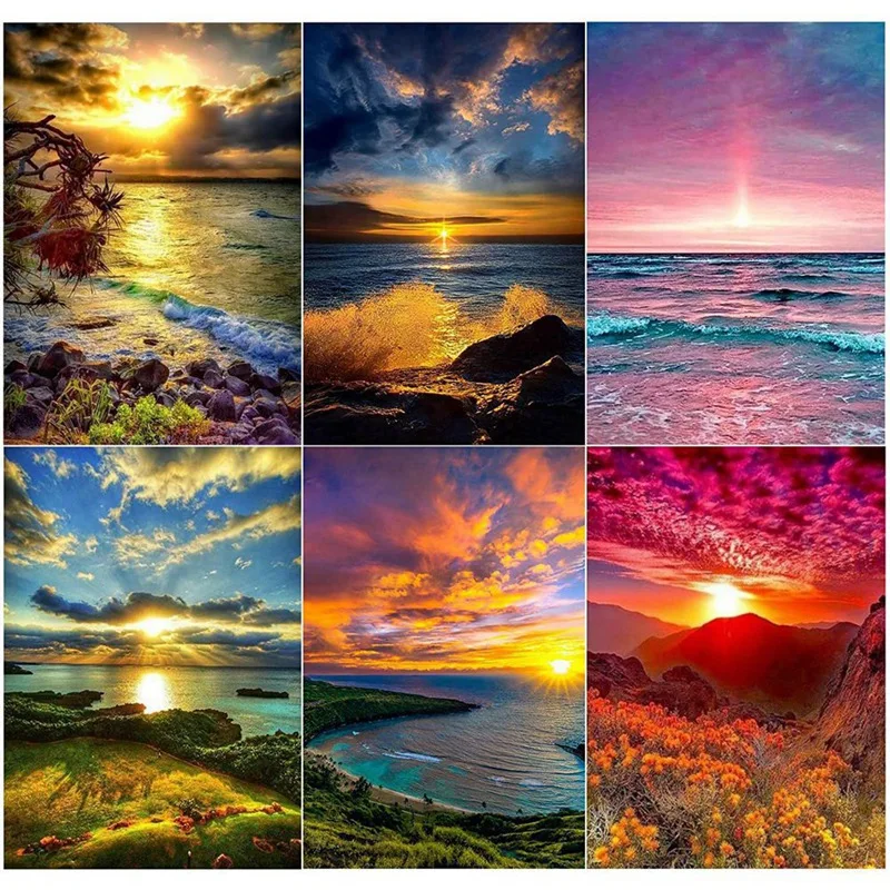 6 Pack Colourful Sunset Diamond Painting Set Adult 5D Landscape Full Diamond DIY Painting Rhinestone 30 X 40 Cm