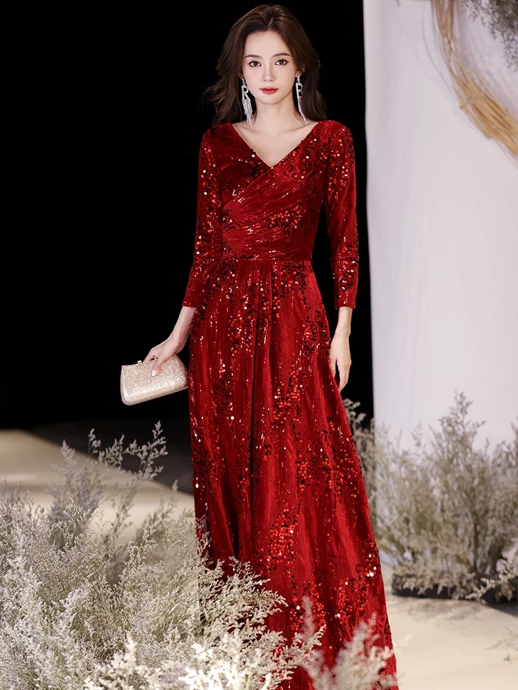 Wine Red Sequin Mother Of The Bride Dresses Elegant V-Neck A-Line Floor-Length Women Special Occasion Gowns