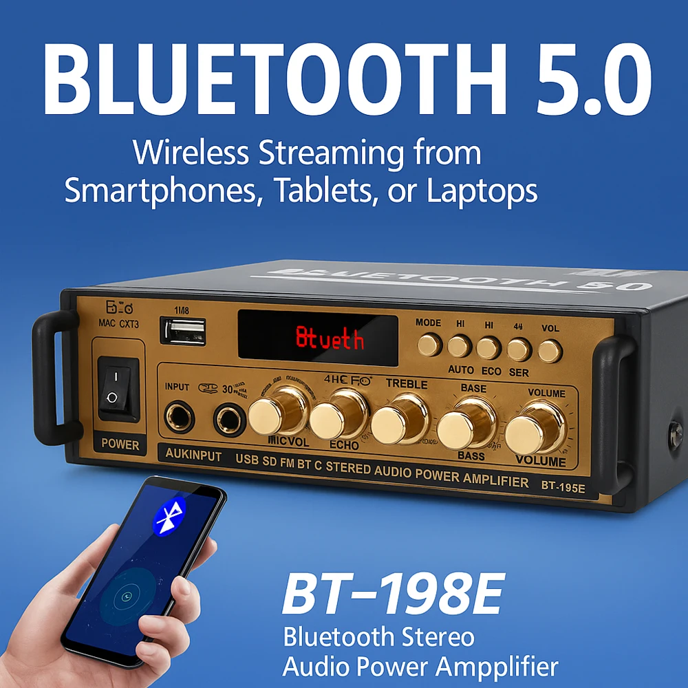 

BT-198E Bluetooth аудиоусилитель 35 Вт × 22 В постоянного тока/220 В вход переменного тока/USB SD AUX микрофонный вход/двухканальный усилитель мощности