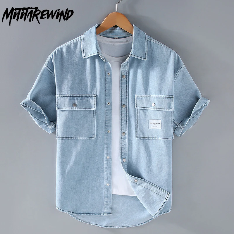 Summer Men Short Sleeve Shirts Streetwear Korean Fashion Men Loose Jean Top Double Pocket Washed Light Blue Denim Shirt Causal