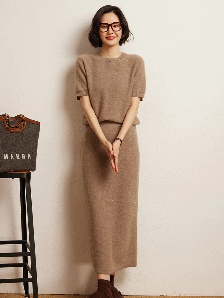 Sequin Women Sweater Suite Short Sleeve Pullover Long Bag Skirt Set 100% Cashmere Autumn Winter Sweater Pullover O-Neck Clothing