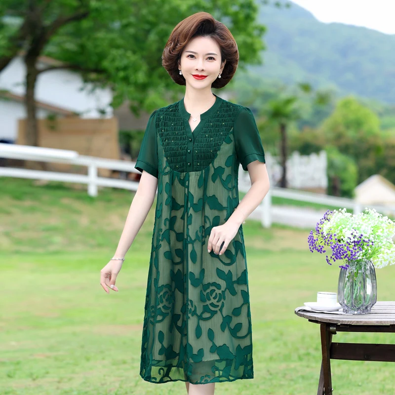 

Women Double Layer Dress 2022 Summer Middle Aged Mother A-Line Patchwork Dresses Elegant Female Loose Short Sleeve Chiffon Dress