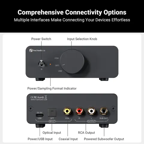 Fosi Audio Q6 USB DAC – XMOS XU316 & AK4493S Chipset, PCM 768kHz/32Bit & DSD512 Kompakt stationär HiFi DAC 12 best sales julafton - №4