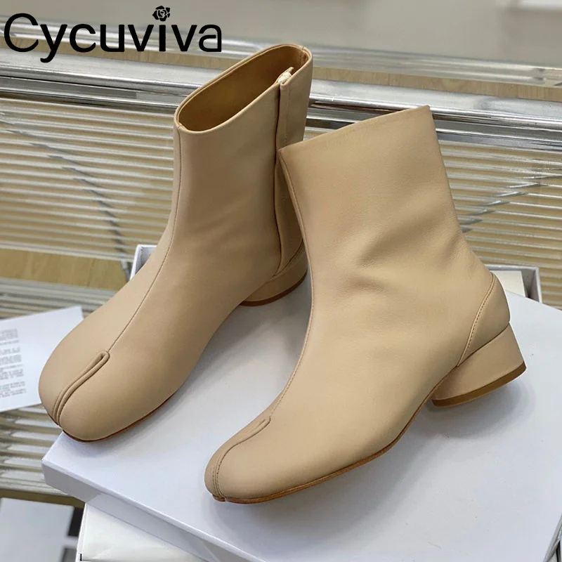 

Split Toe Ankle Boots For Women Nude Real Leather Round Chunky Heel Short Boots New Autumn Shoes Ninja Boots Tide Knight Boots