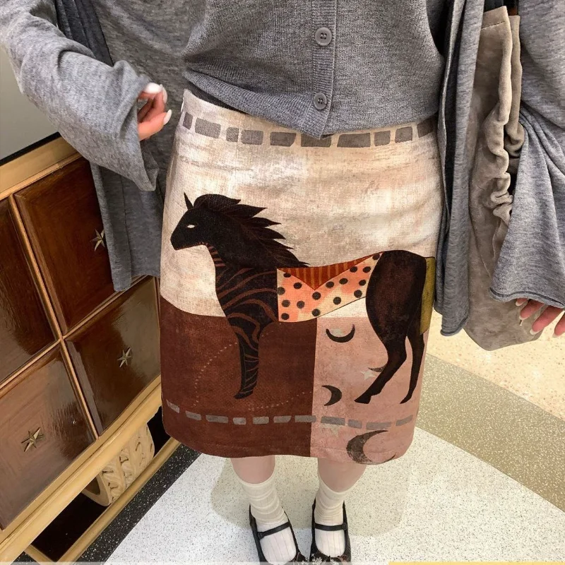 Women's Boho Horse Print A-Line Midi Skirt Vintage Art Gallery Style Casual Skirt