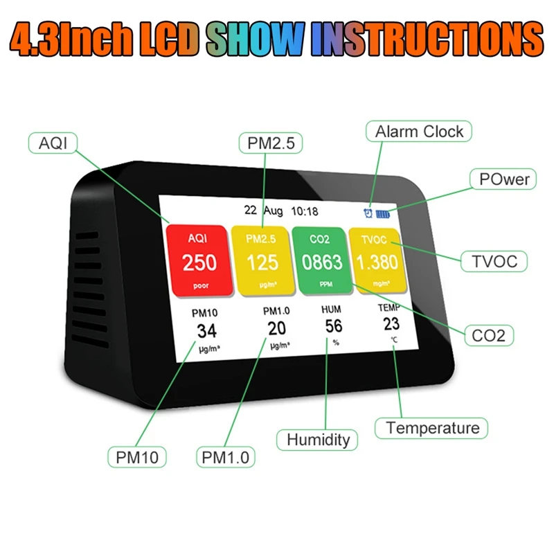 4.3Inch LCD 8-In-1 Air Quality Monitor Gas Detector PM2.5 PM1.0 PM10 TVOC Particle CO2 Meter Temp Humidity Tester Alarm Clock