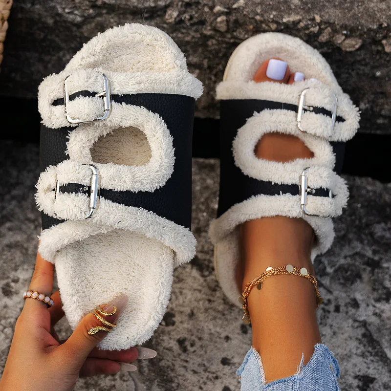 Women\'s Slippers Fur Plush Platform Wear Non-slip Slippers Casual Fashion Pin Buckle Roman Flip-flops Winter New Style